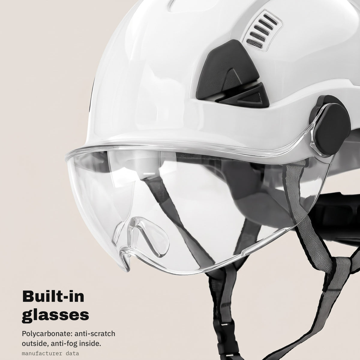 Built-in polycarbonate glasses in the white safety helmet