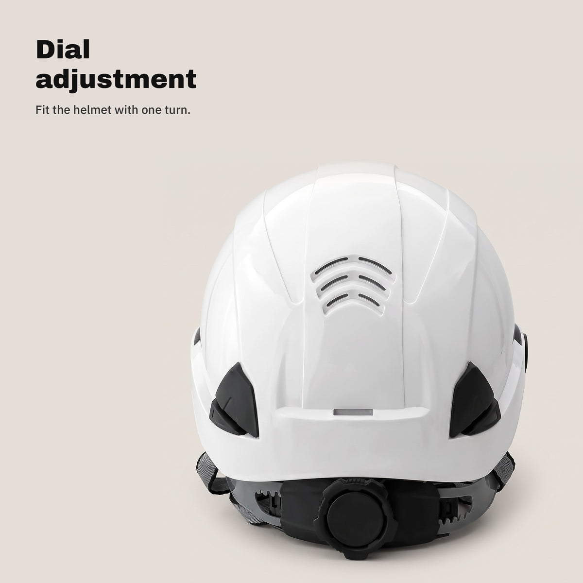 Adjustment dial at the back of the white safety helmet