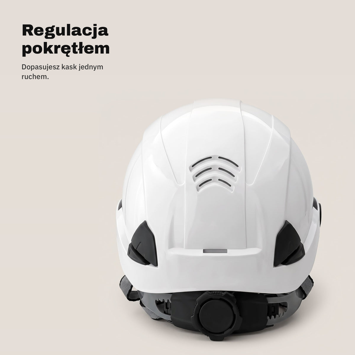 Pokrętło regulacji z tyłu białego kasku ochronnego
