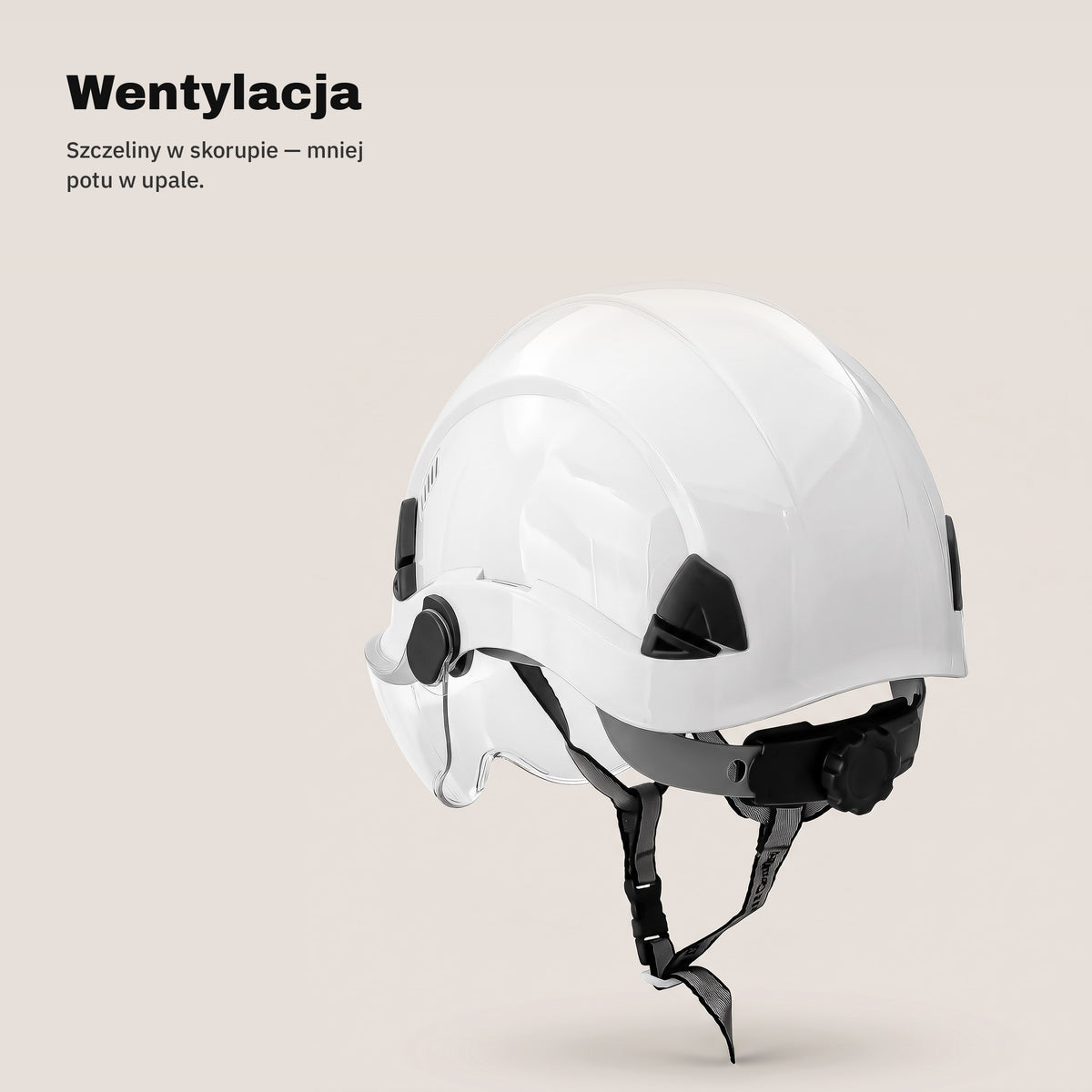Szczeliny wentylacyjne w skorupie białego kasku ochronnego