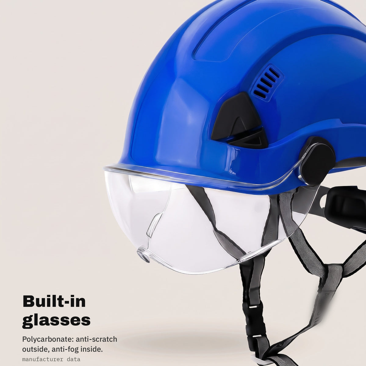 Built-in polycarbonate glasses in the blue safety helmet