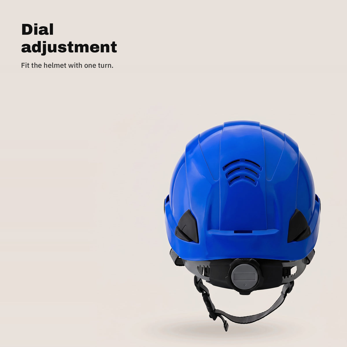 Adjustment dial at the back of the blue safety helmet