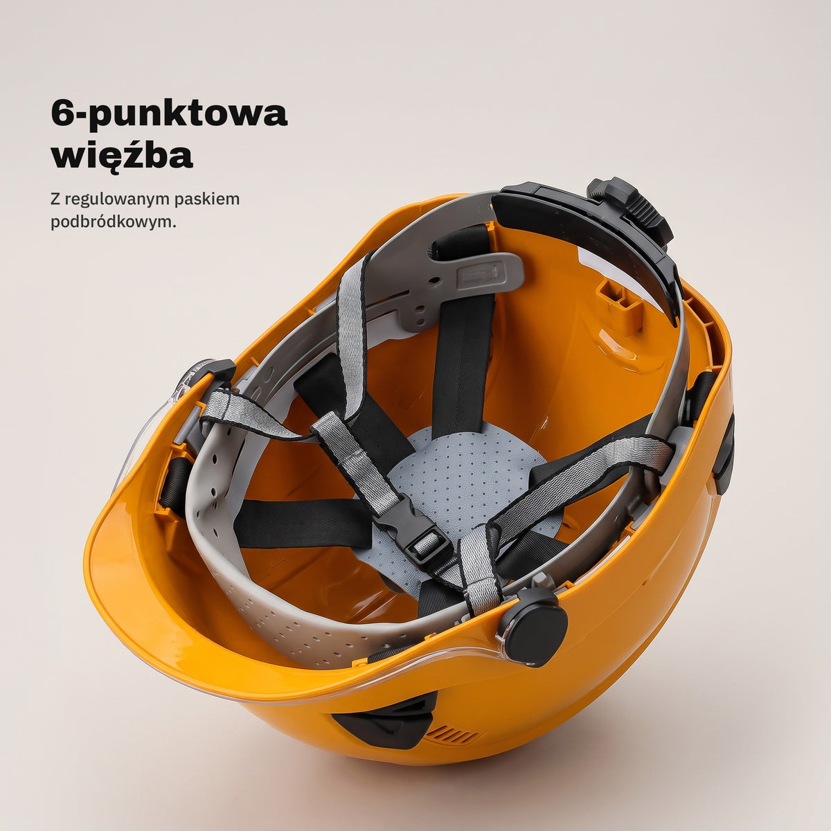 6-punktowa więźba i pasek podbródkowy pomarańczowego kasku — widok od spodu