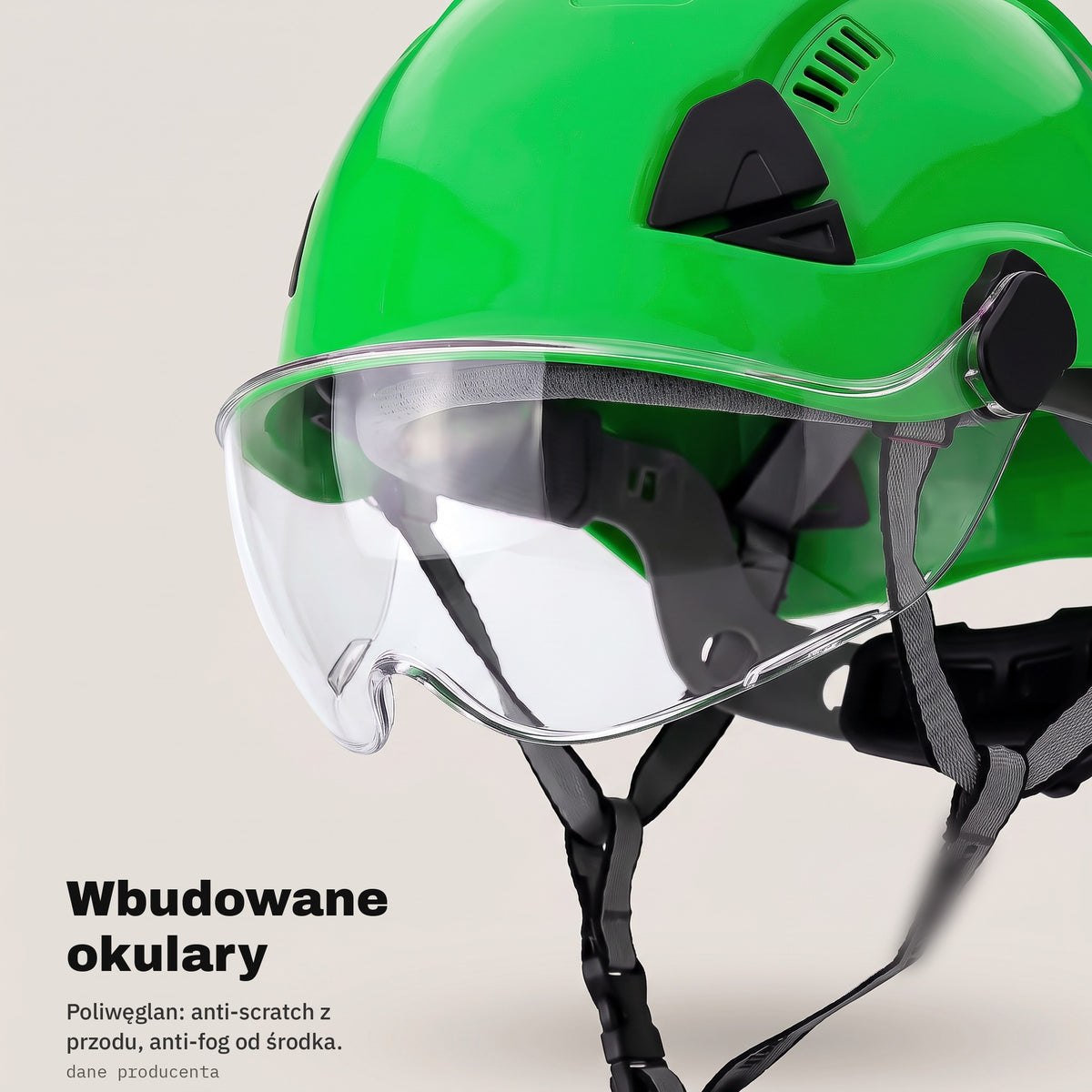 Wbudowane okulary z poliwęglanu w zielonym kasku ochronnym