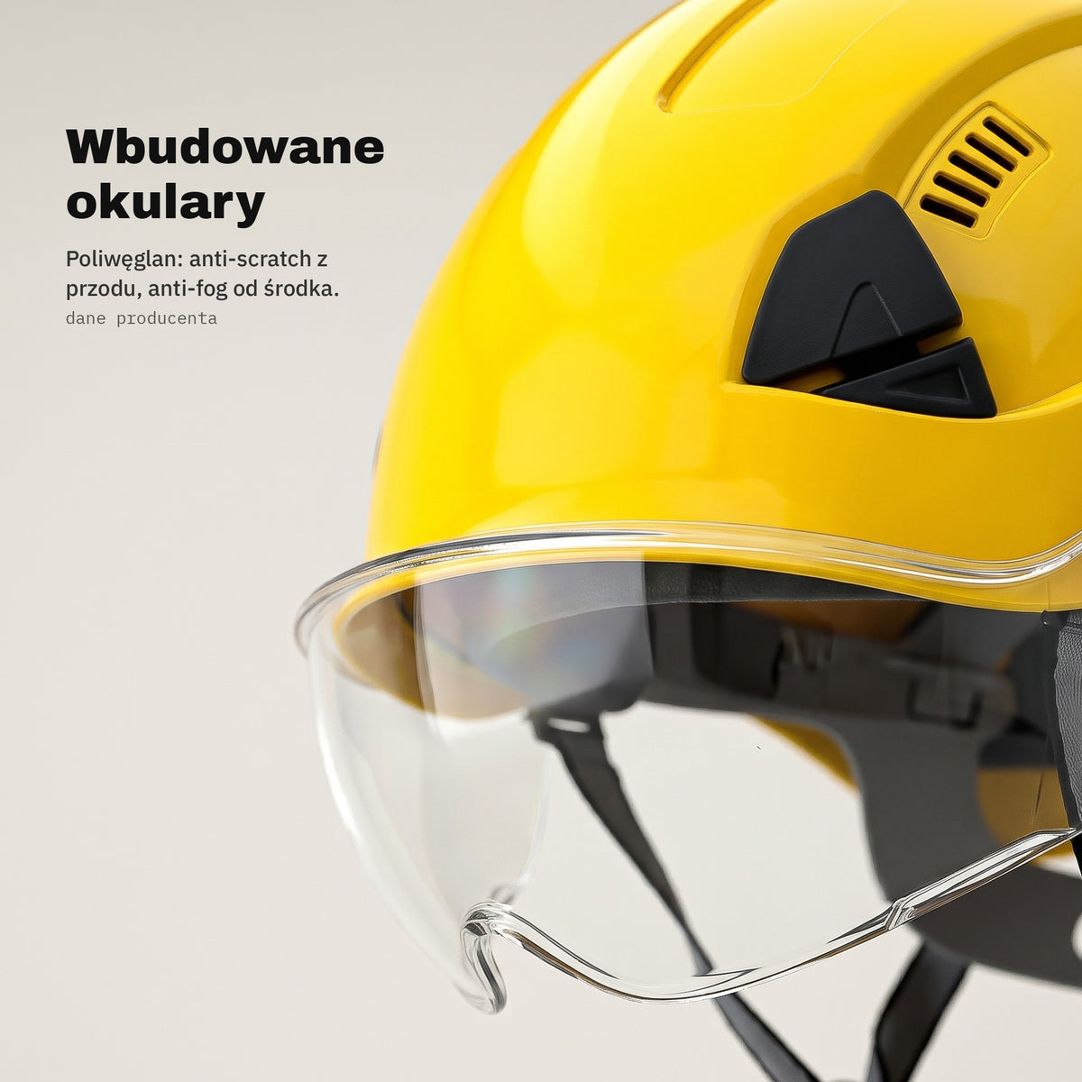 Wbudowane okulary z poliwęglanu w żółtym kasku ochronnym