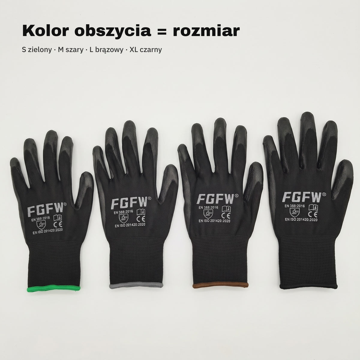 Kolor obszycia mankietu oznacza rozmiar: S zielony, M szary, L brązowy, XL czarny