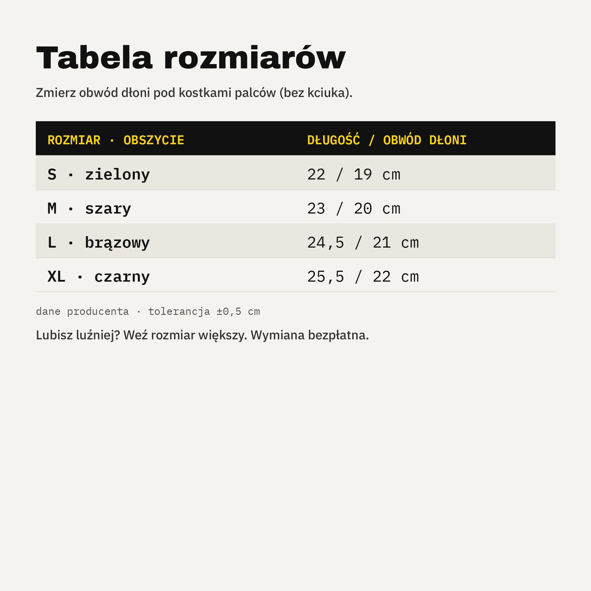 Tabela rozmiarów rękawic roboczych S–XL
