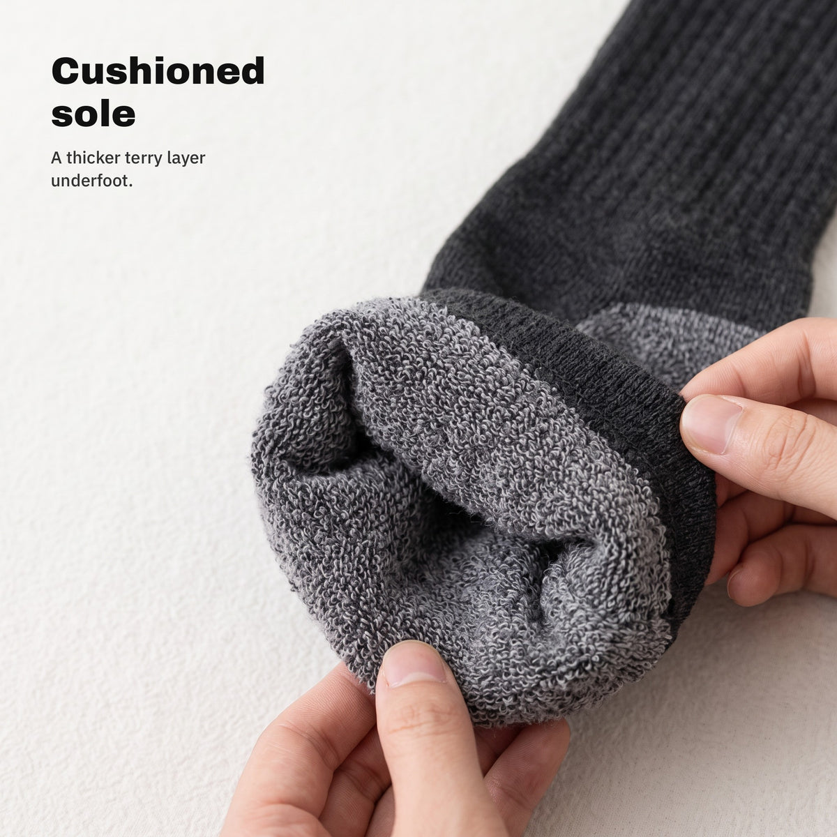 Cushioned terry sole of the graphite socks, inside view