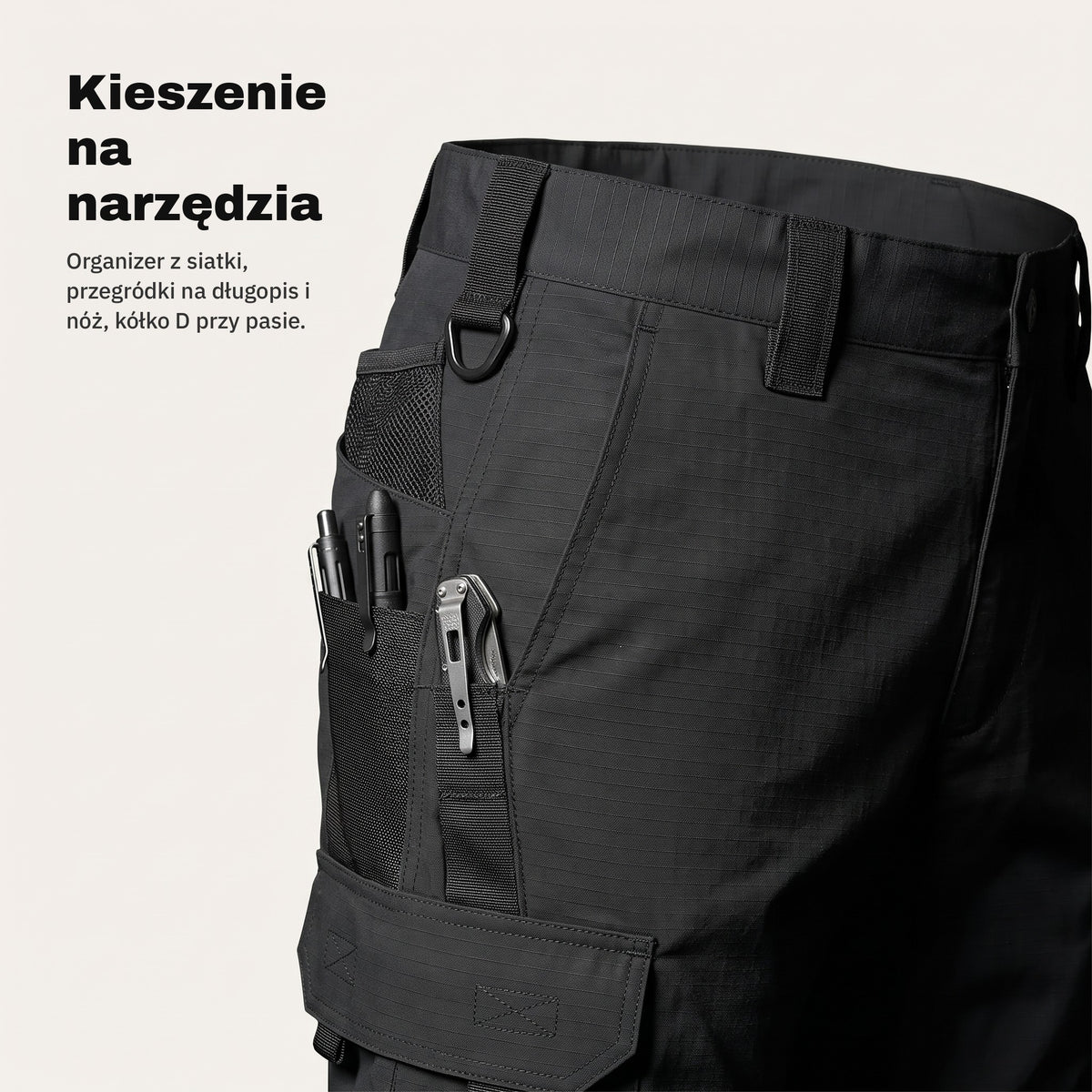 Kieszenie na narzędzia z organizerem i kółko D przy pasie spodni cargo