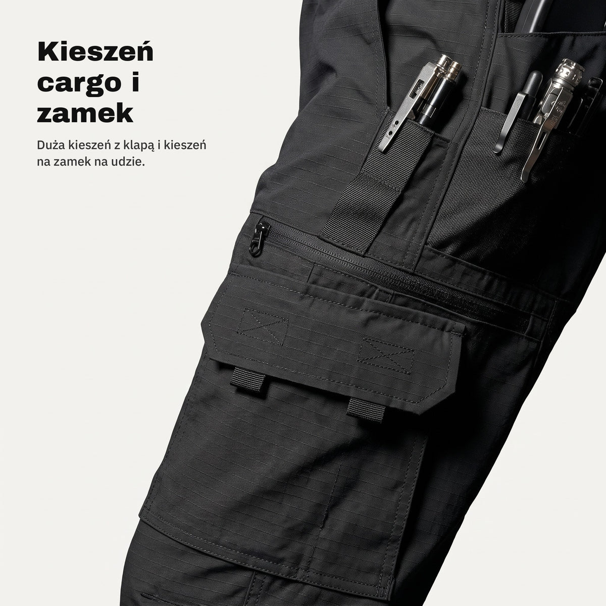 Kieszeń cargo z klapą i kieszeń na zamek na udzie