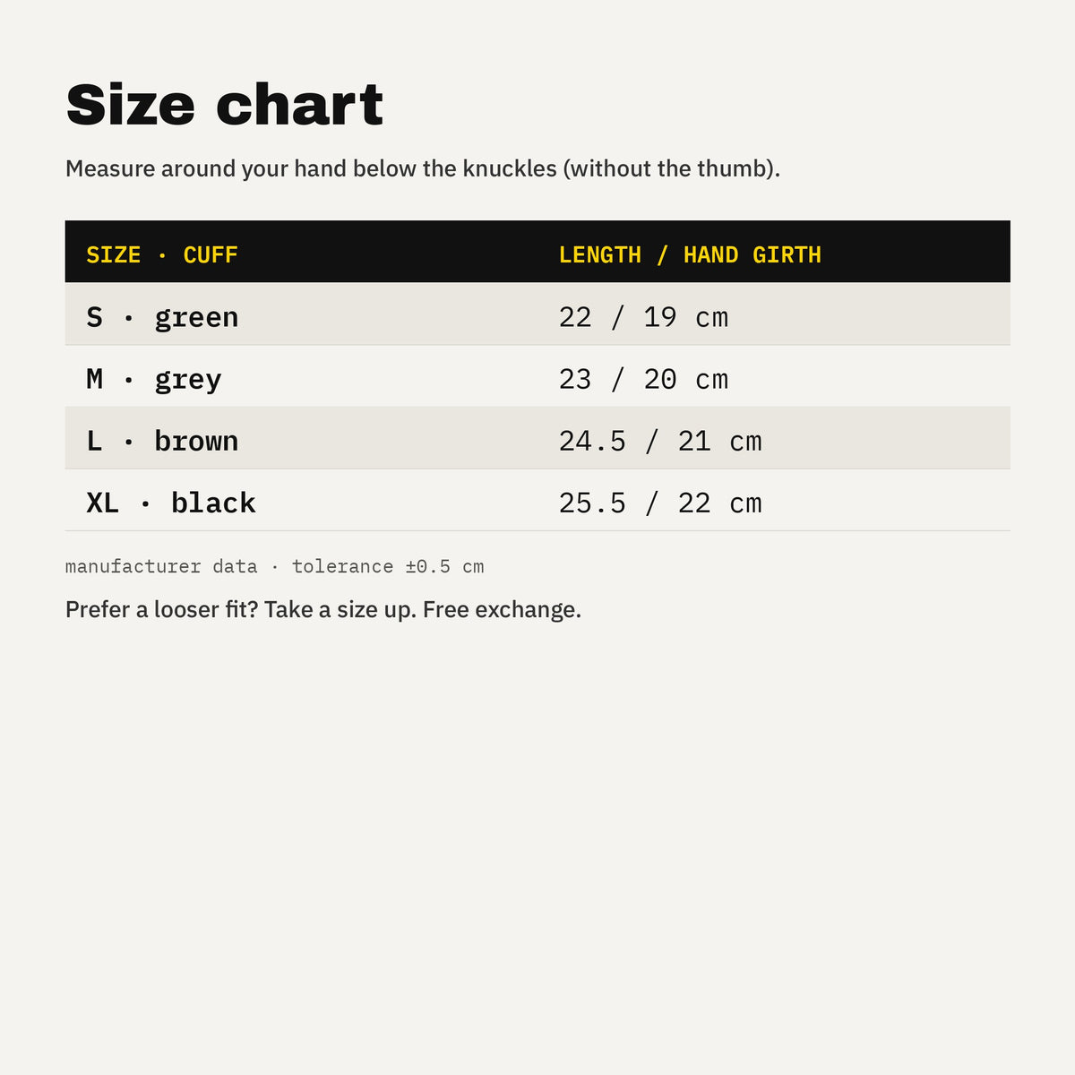 Work glove size chart S–XL