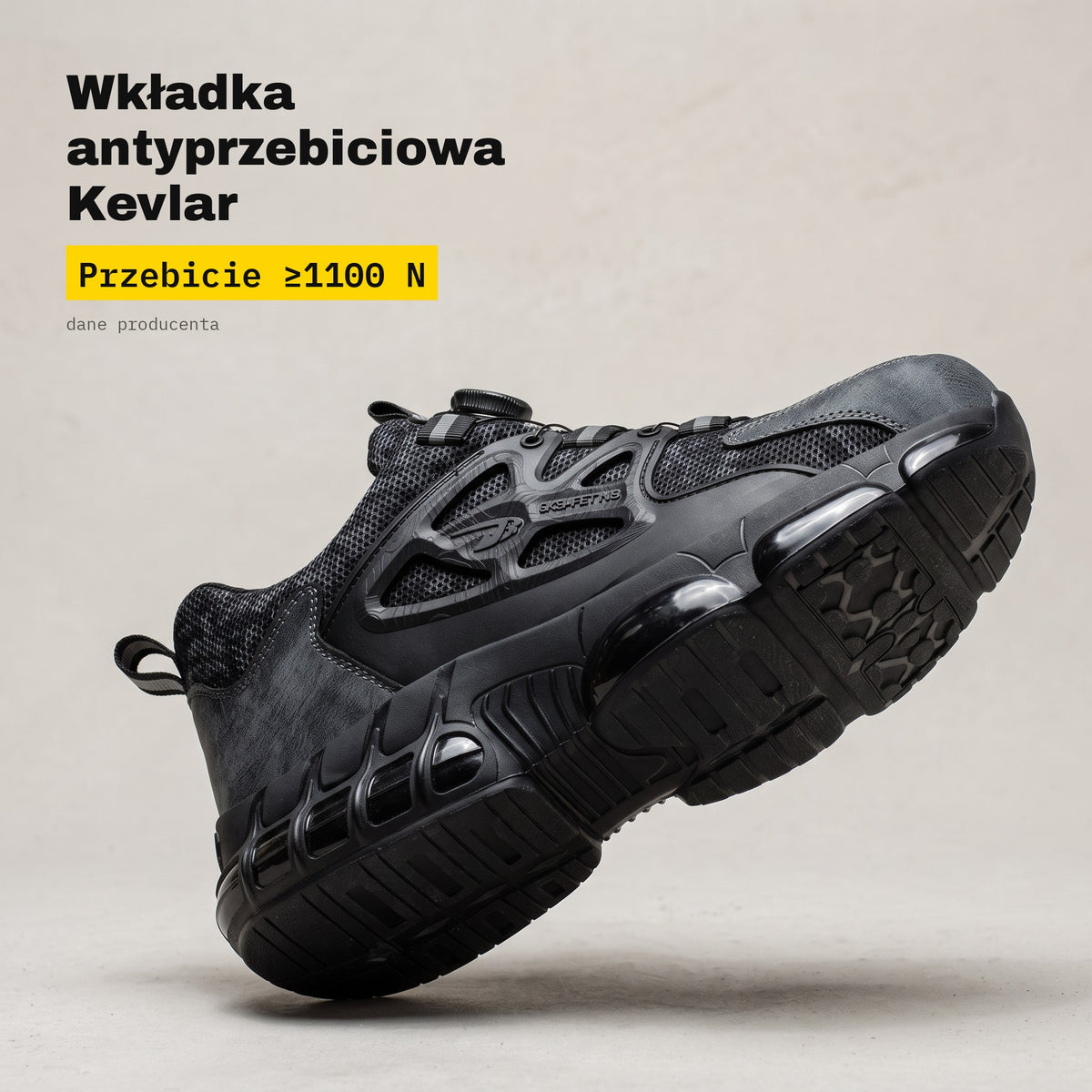 Wkładka antyprzebiciowa Kevlar — przebicie ≥1100 N (dane producenta), podeszwa SZYCHTA PRO ONE
