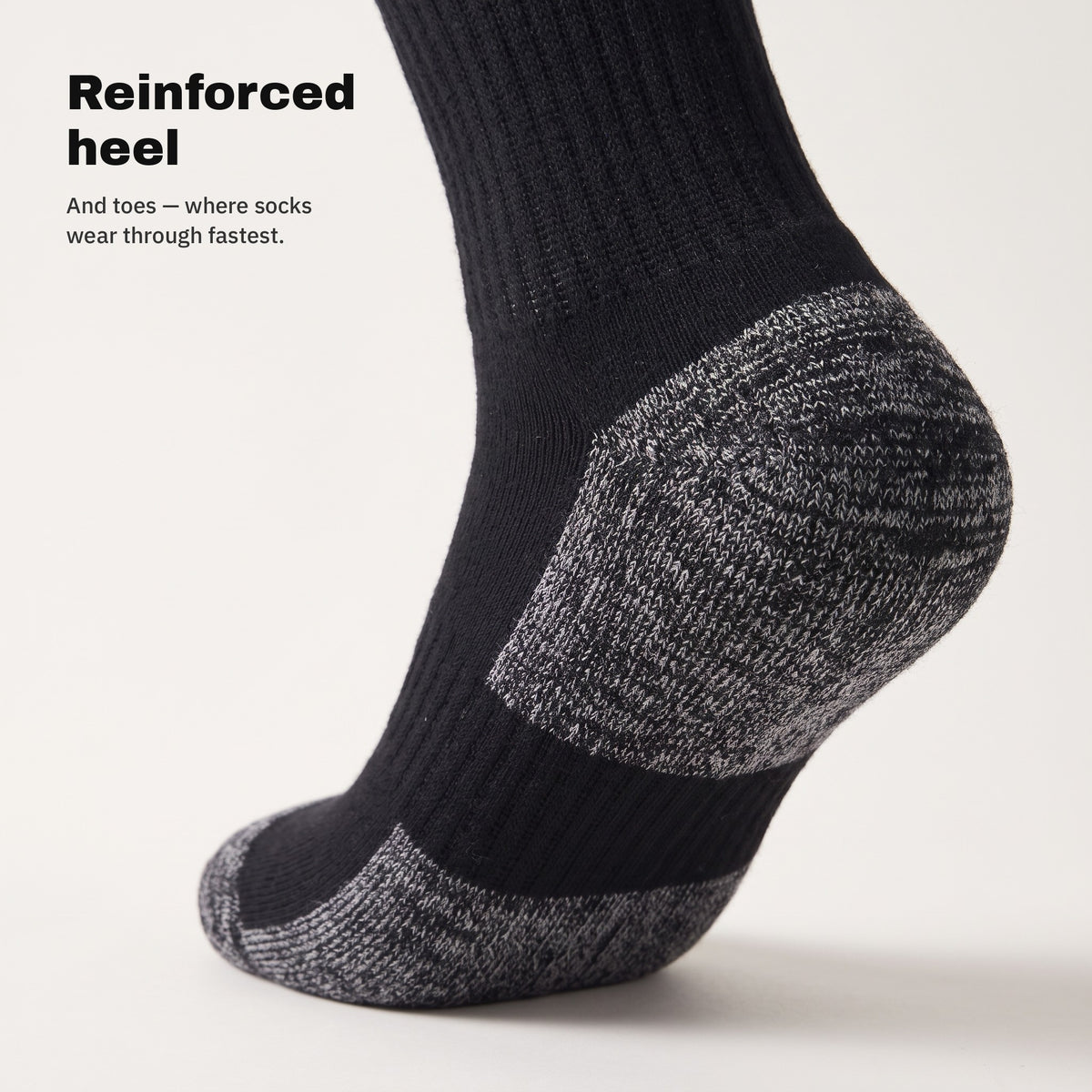 Reinforced heel and toes of the black work socks